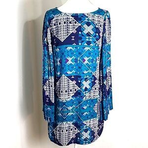love FIRE Teal, Navy Blue & White Boho Dress, Wide Pleated Longsleeves, Sz Small